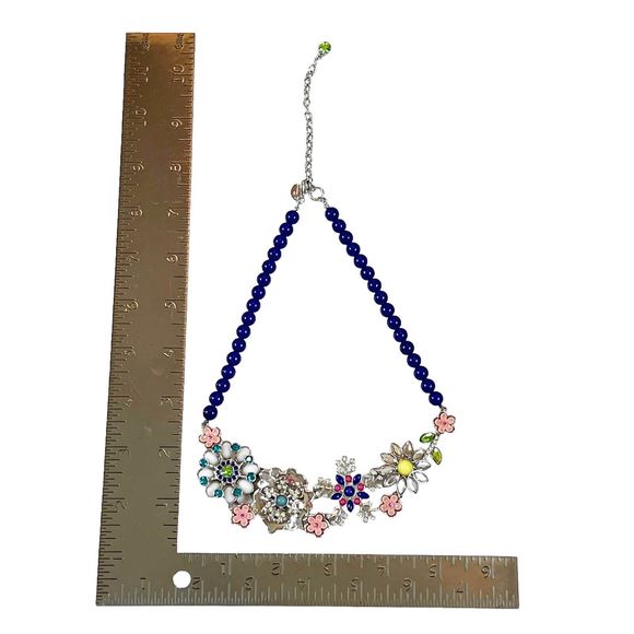 Lia Sophia 3D Flower Rhinestone Statement Bib Necklace w Blue Beads Silvertone - Picture 7 of 11